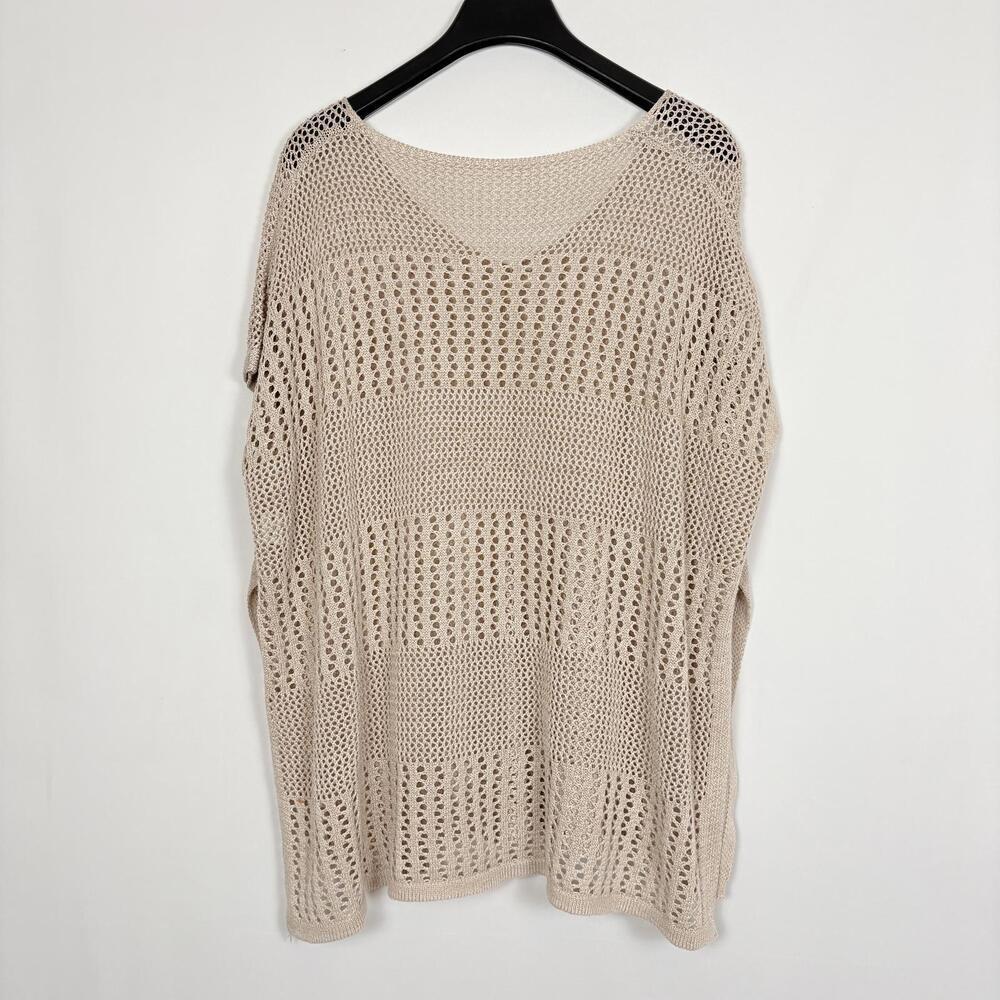 Tan Open Knit Block Lightweight V-Neck Oversized Reversible Short Sleeve Poncho - Picture 2 of 6